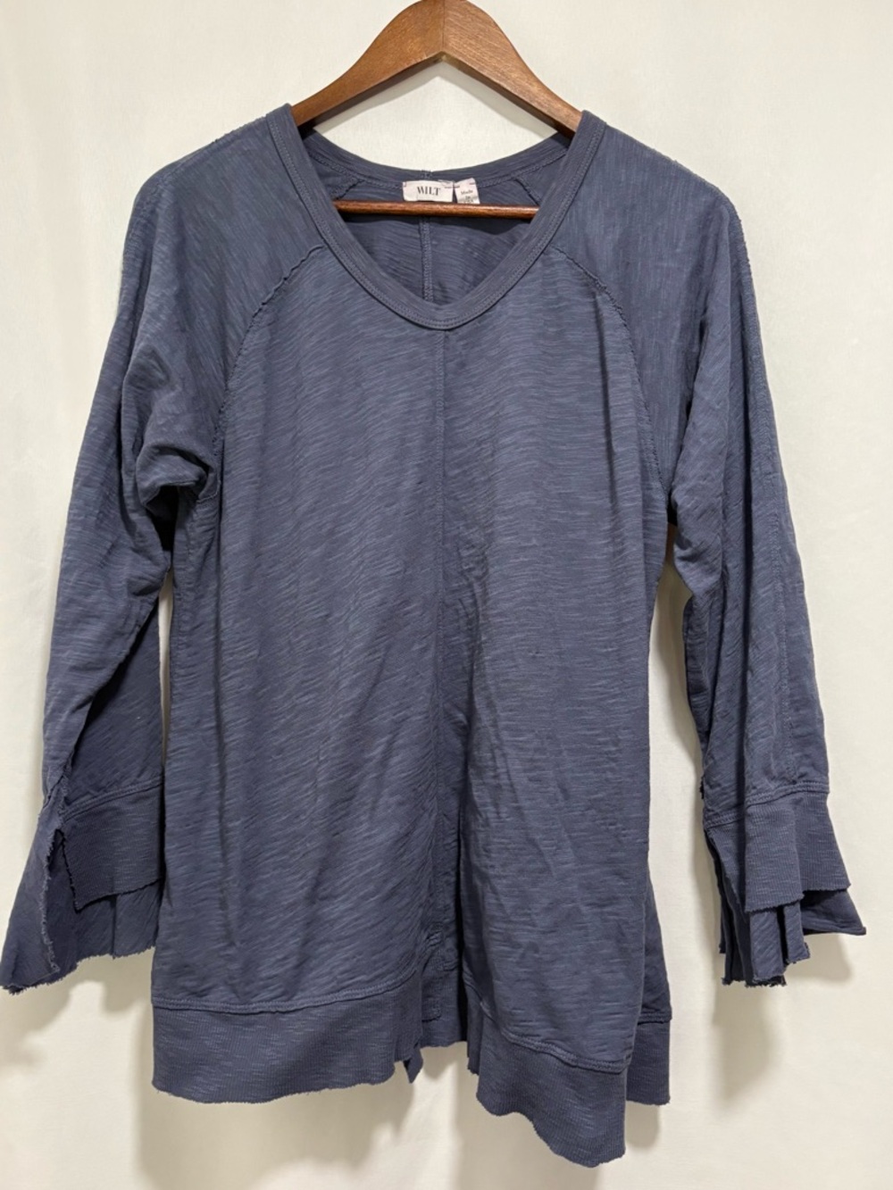 Anthropologie Wilt Blue Slub Cotton Ruffle Cuff Asymmetrical Top Medium USA
